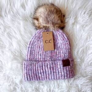 NEW CC BEANIES women's soft ribbed fur pom beanie in cotton candy